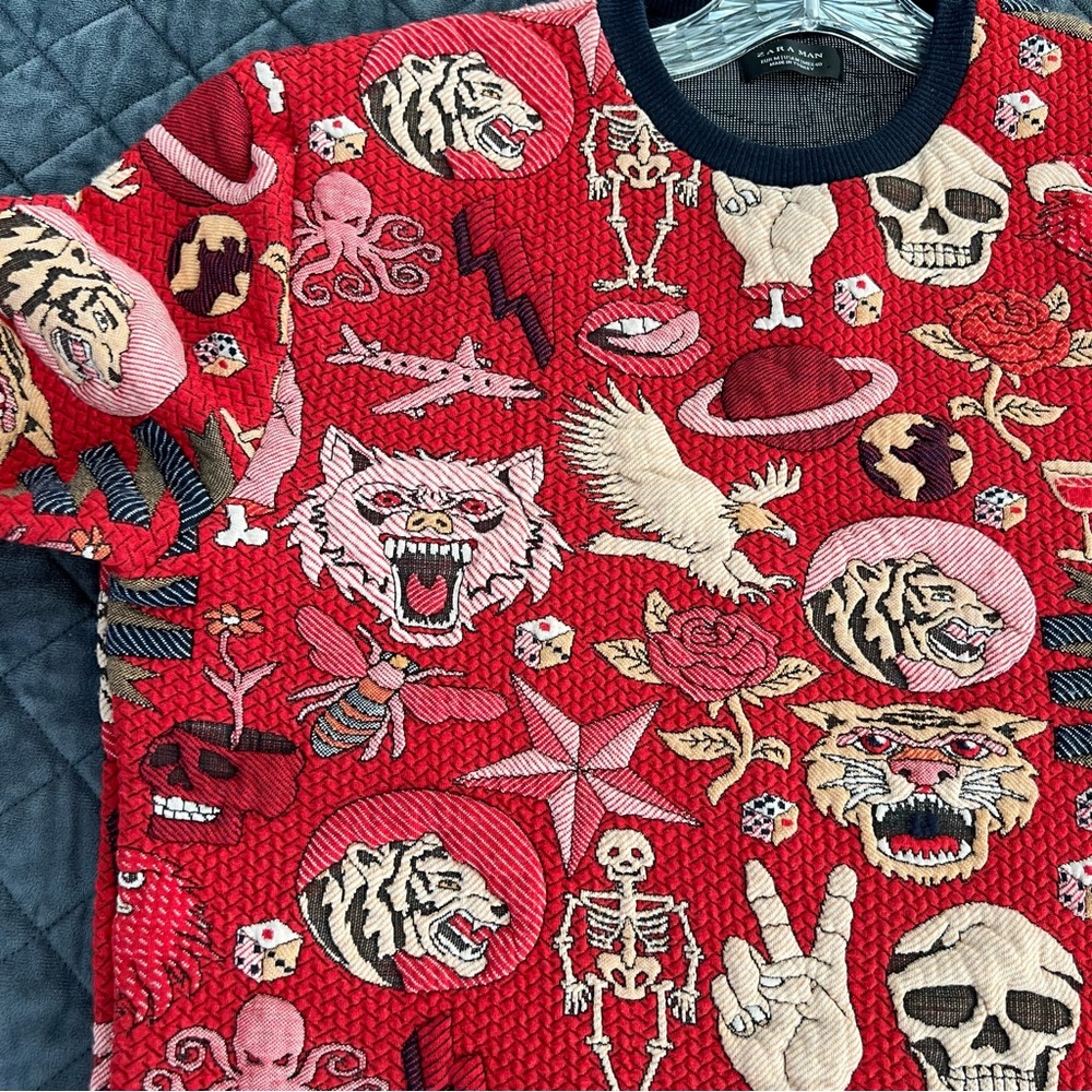 Zara Red Multi Graphic Knit Sweater - Picture 9 of 11